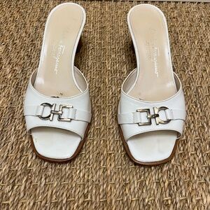 Salvatore Ferragamo White Leather Mules with Silver Buckle